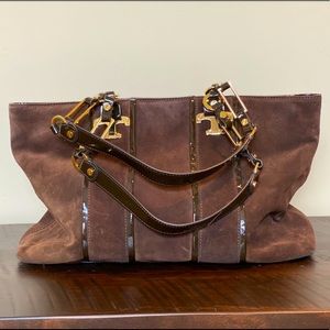 Tory Burch brown suede bag with patent trim GUC